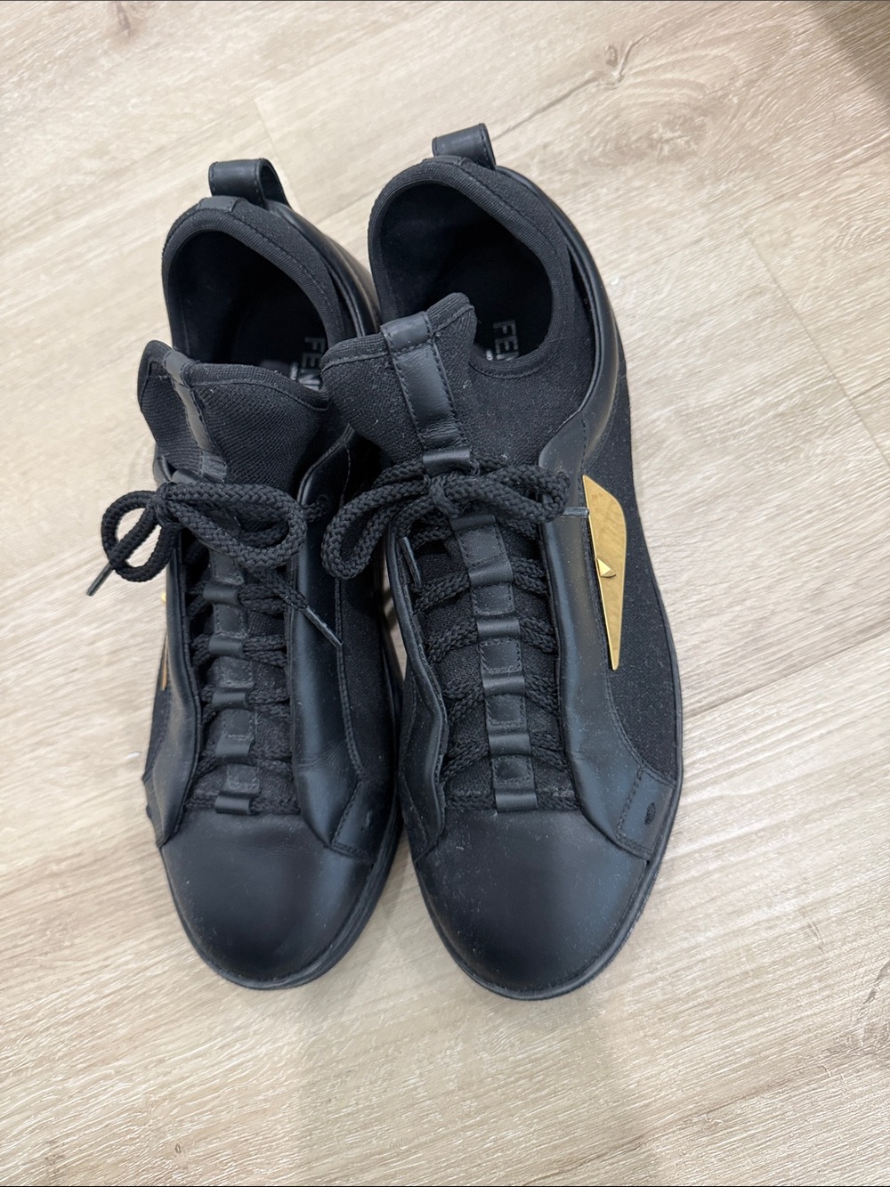 Fendi Black Leather & Fabric Sneakers with Gold Side Accent